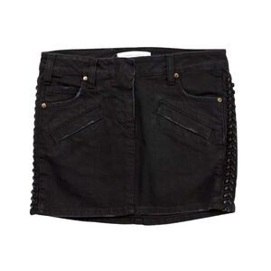 Pierre Balmain Black Distressed Denim Mini Skirt Leather Braided Accents US 6